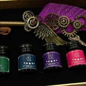 NC Calligraphy Set In Gold Vintage Looking Map Box Purple Quill